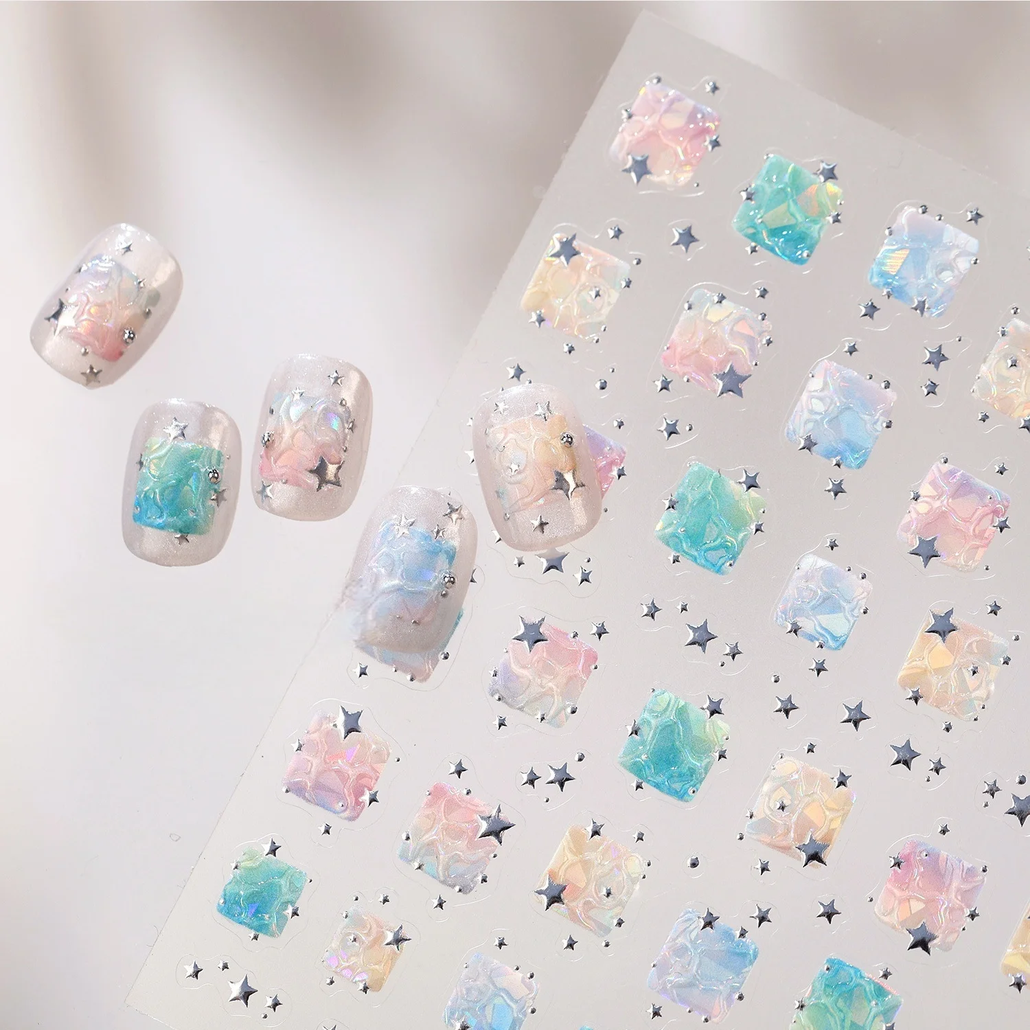 Holographische Farbverlauf 5D Nagelaufkleber Würfel-Jelly Geprägte Silberne Vierpunkt-Glitzer-Stern-Dekorationen Glänzende Selbstklebende Maniküre-Sticker