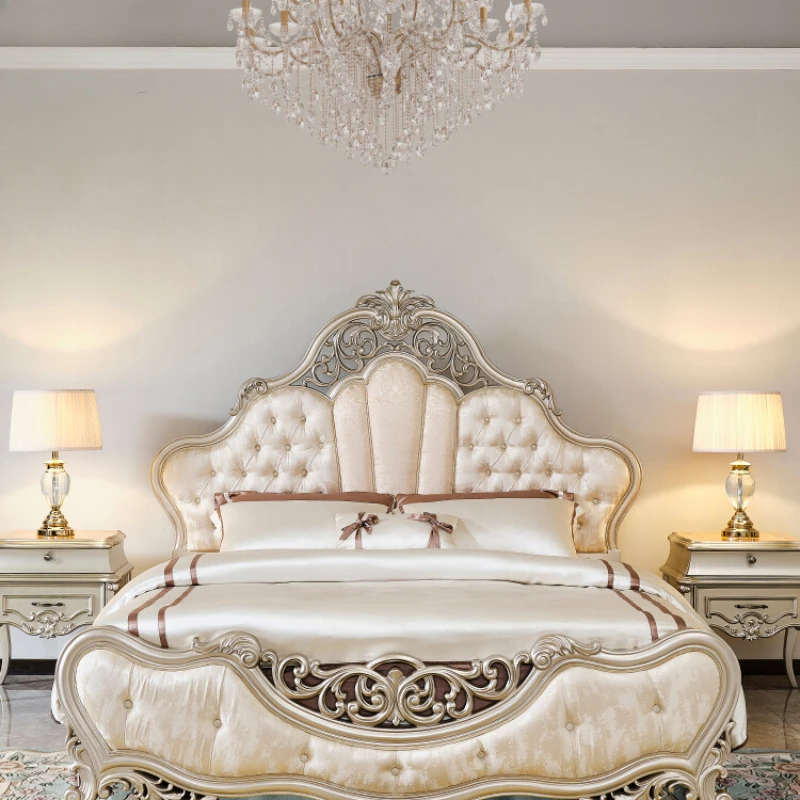 

Fabric bed high-end European style master bedroom solid wood carved newlywed double bed