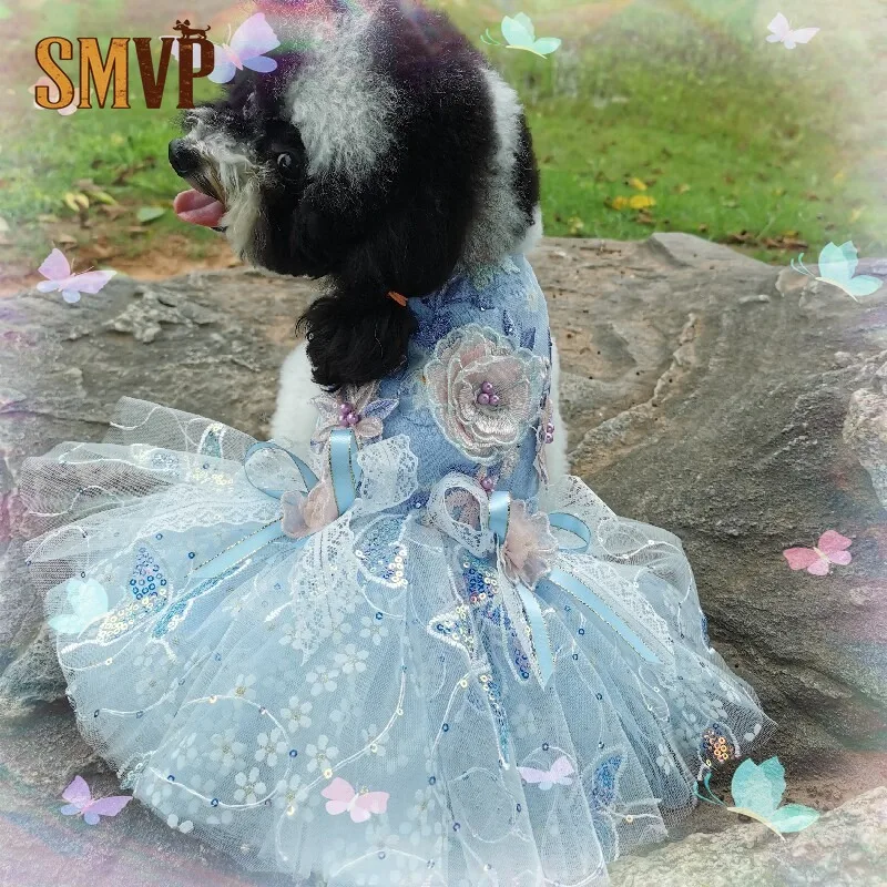 Light Blue Daisy Pet Tutu Dress 3D Flower Lace Sequin Bow Puppy Kitten Wedding Party Photo Shooting Luxury Princess Costume
