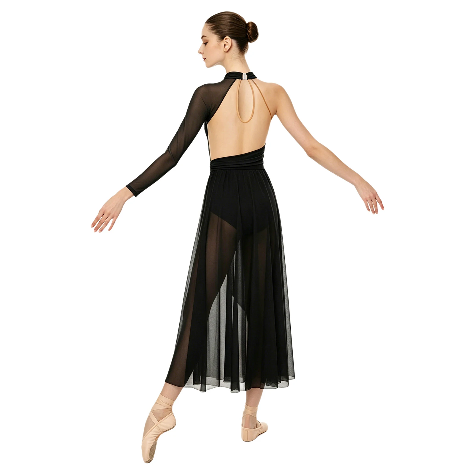 Women Lyrical Dance Bodysuit Dress 3D Applique Embroidery Back Keyhole Irregular Hem Buttoned Crotch Asymmetrical Dress