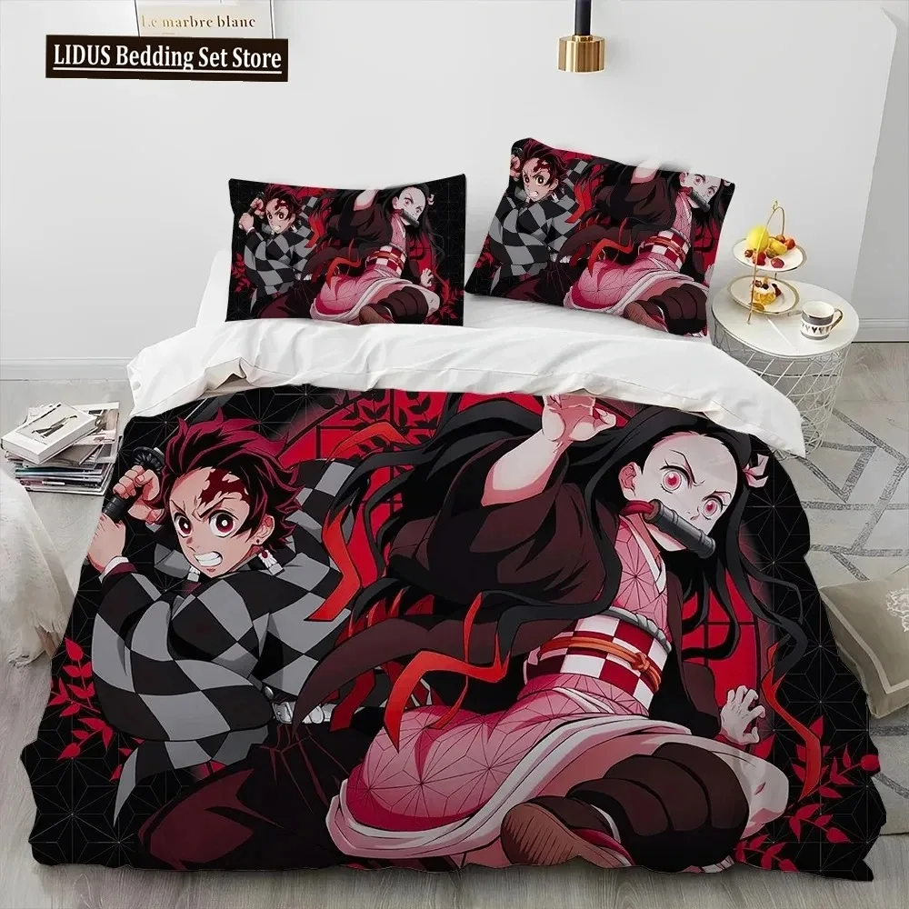 Demon Slayer Bedding Set Kamado Nezuko Duvet Cover Set Bedspread Pillowcase King Queen Full Single Size Bed Linen Boys Teen Gift