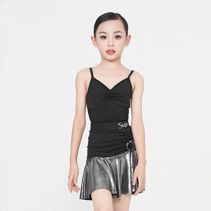 2024 New Latin Dance Stage Costume Children's Black Pleated Skirt Girls' Tango Training Wear Latin Performance Clothes XH730