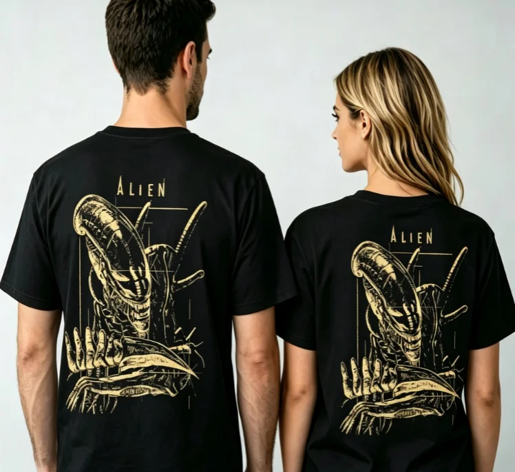 2026 new Neutral round-neck  Alien Extraterrestrial Retro Sketch Golden Pattern Back Print - Sci-fi Horror Extra Large T-shirt