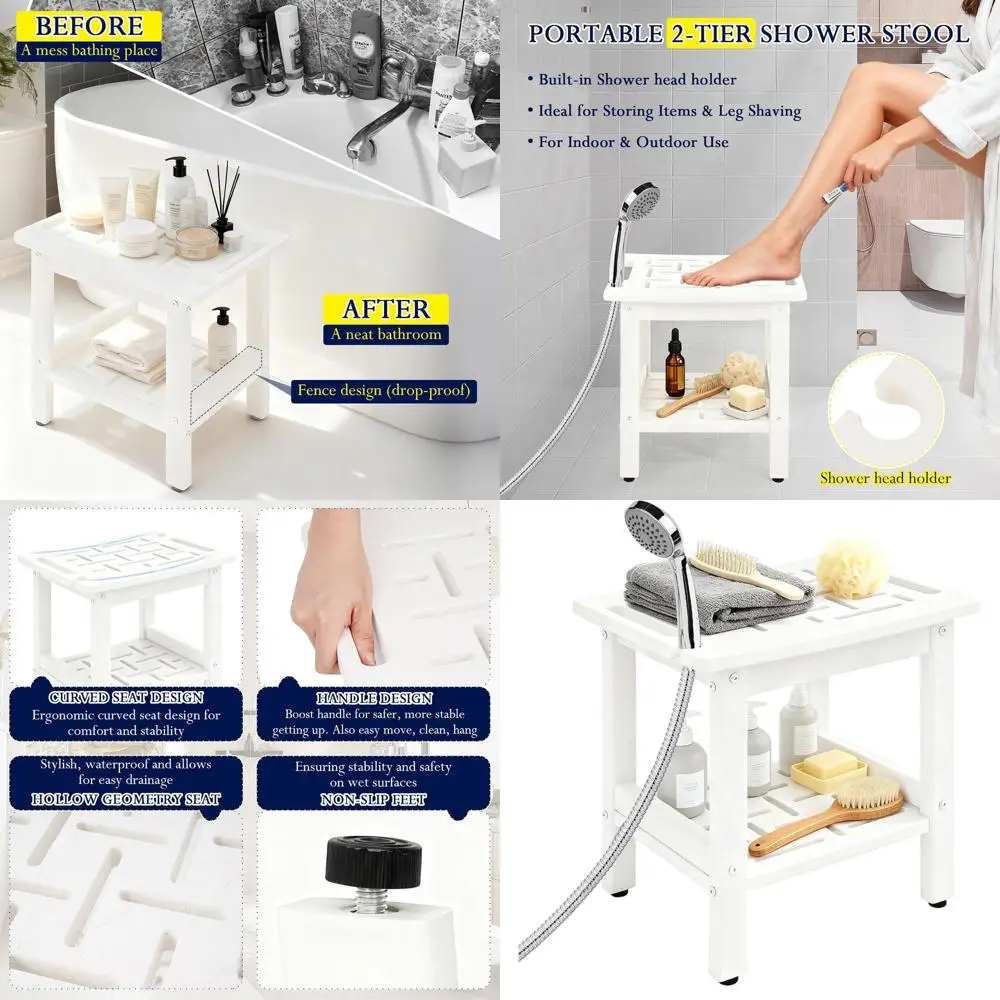 

White HDPE Shower Bench with Storage and Shower Head Holder, 300lbs Capacity, Ideal for Shaving and Outdoor Use