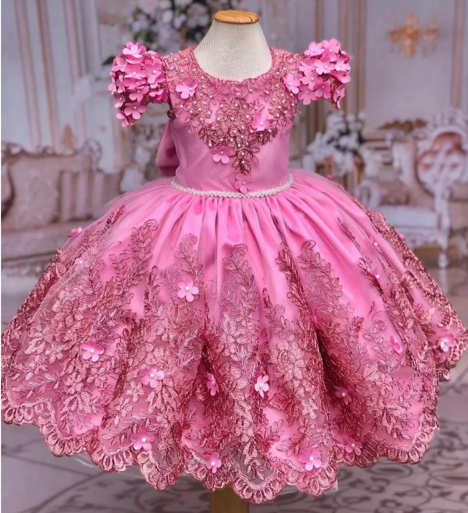 

Pink Ball Gown Flower Girl Dresse Beads Kids Birthday Pageant Gowns with Bow Children Toddler Baby Wedding Guest Dresses