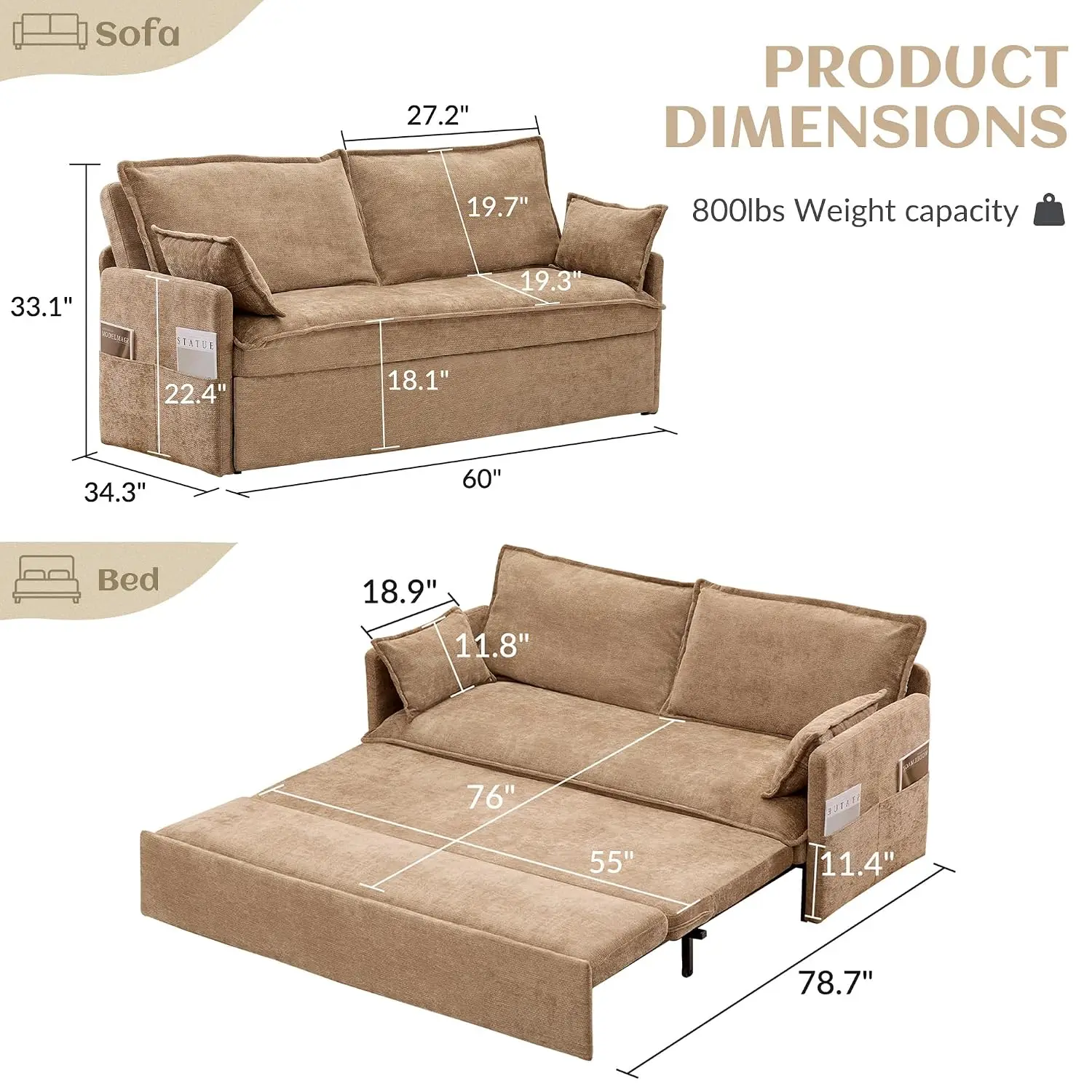 Chenille Queen Pull Out Sofa Bed with USB Charging & Side Pockets for Living Room Bedroom Small Spaces, Customized