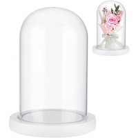 1 Set Eternal Flower Glass Display Dome Cloche Glass Display with White Wood Pedestal Bell Jar Cloche for Valentine's Day