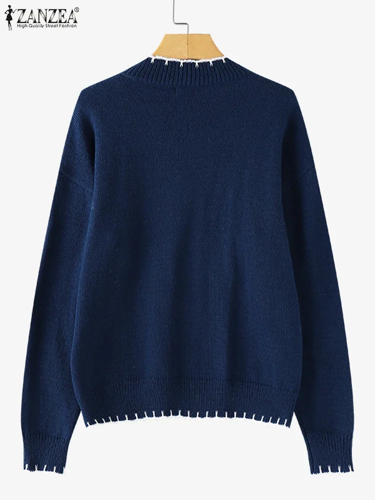 ZANZEA سترات نسائية بأكمام طويلة لخريف 2025 بياقة واقفة بلوفرات محبوكة مطبوعة بفيونكة غير رسمية سترات شتوية كبيرة الحجم