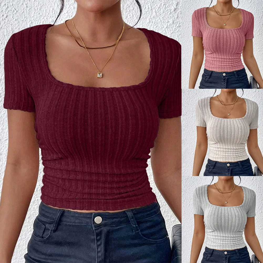 Women Ribbed Knit T-shirt Solid Color Square Neck Short Sleeve Tee Tops Casual Style Summer T Shirt Stretch Low Cut Daily Outfit