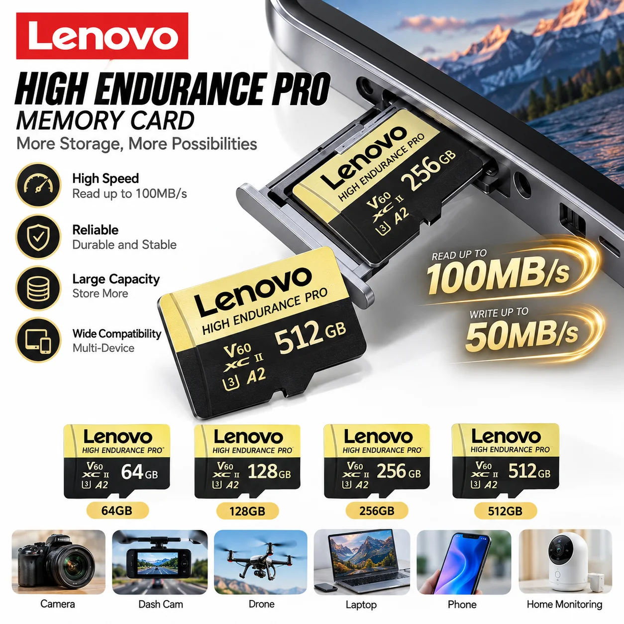 Lenovo High Speed Micro SD Card Memory Card 512GB 4K Full HD Video Compatible with Phone GoPro Action Camera 1TB 128GB 256GB