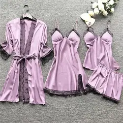 Conjunto de pijama de encaje de 4 Uds., conjunto de pijama empalmado de encaje para mujer, ropa de dormir Sexy sin mangas con tirantes, conjunto de lencería corta, ropa de dormir elegante para mujer