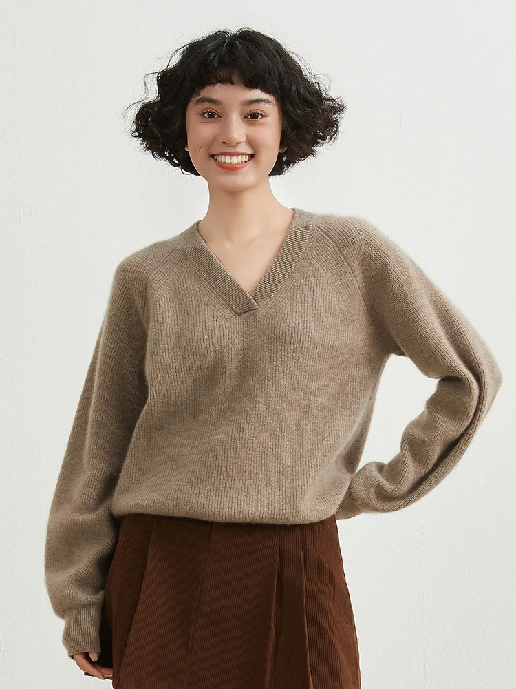 V-neck Cashmere Sweater for Female, Thick Short Pullover, Loose Knit Bottoming Shirt, Long Sleeve, Autumn and Winter