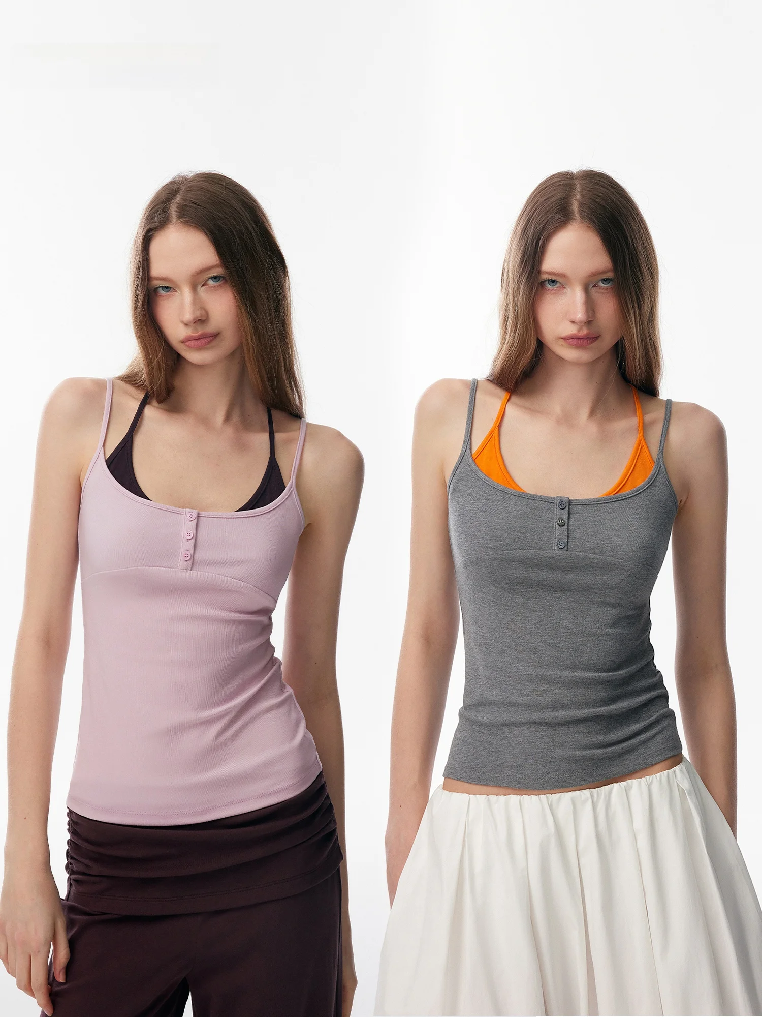 Annachic Summer  Crop Top And Vest Set Slimming Outerwear Contrast Color Hot Girl Tank Top U-Neckline Casual Wear