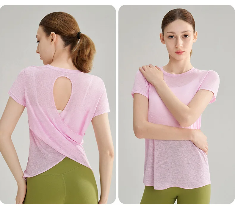 Bambusgarn-Sport-T-Shirt mit schönem Rückendesign, Yoga-Kleidung, Oberteil, schnell trocknendes Fitness-Shirt mit kurzen Ärmeln – Detail 8