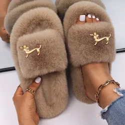 Women's Slippers Shoes Faux Fur Slides Cute Dachshund Decor Flat Sandals Designer Flip Flops Female Winter Plush Slippers 2022