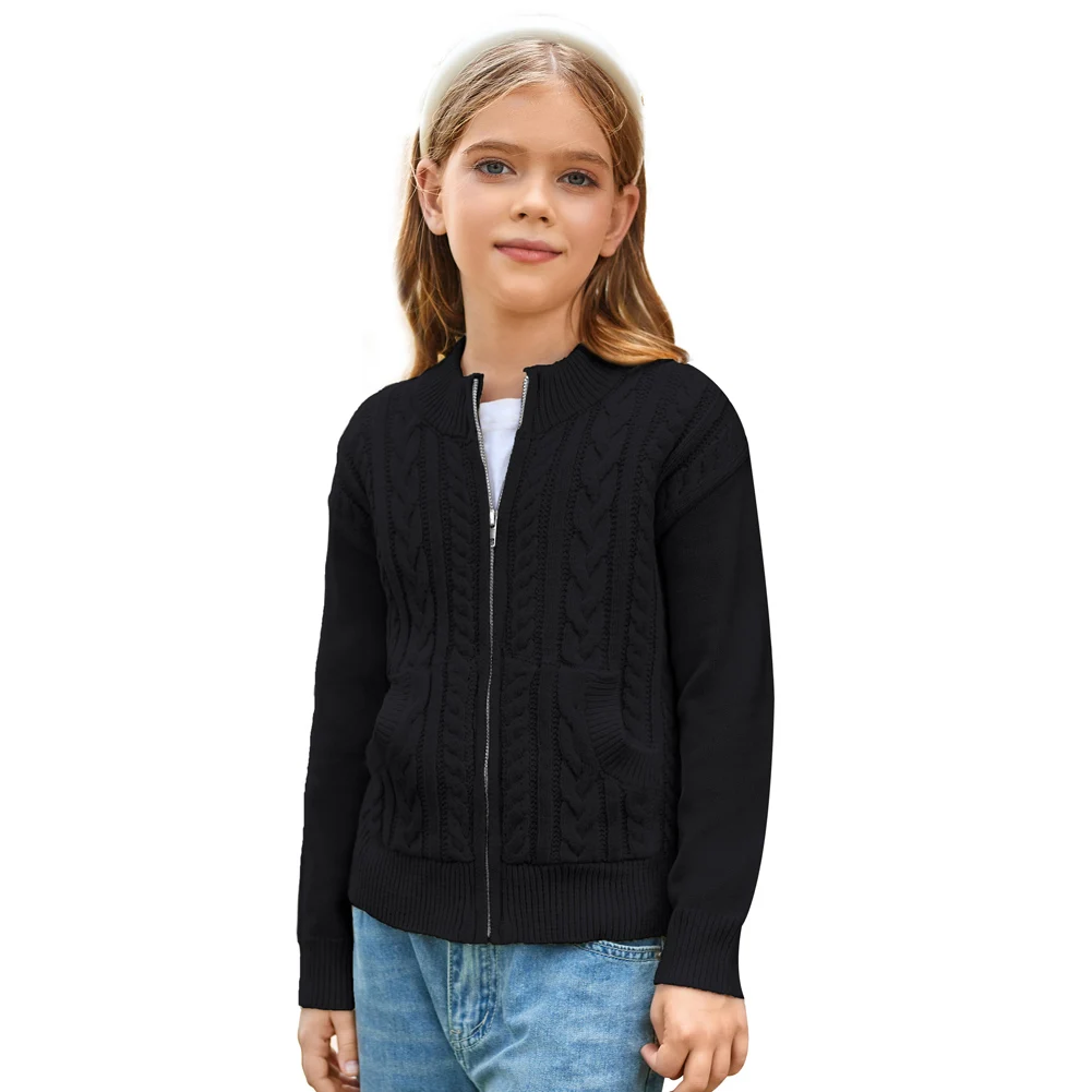 GK Kids Children Cable Knitted Cardigan Little Girls Long Sleeve Crew Neck Zip-up Cardigan Sweater Medium Stretchy