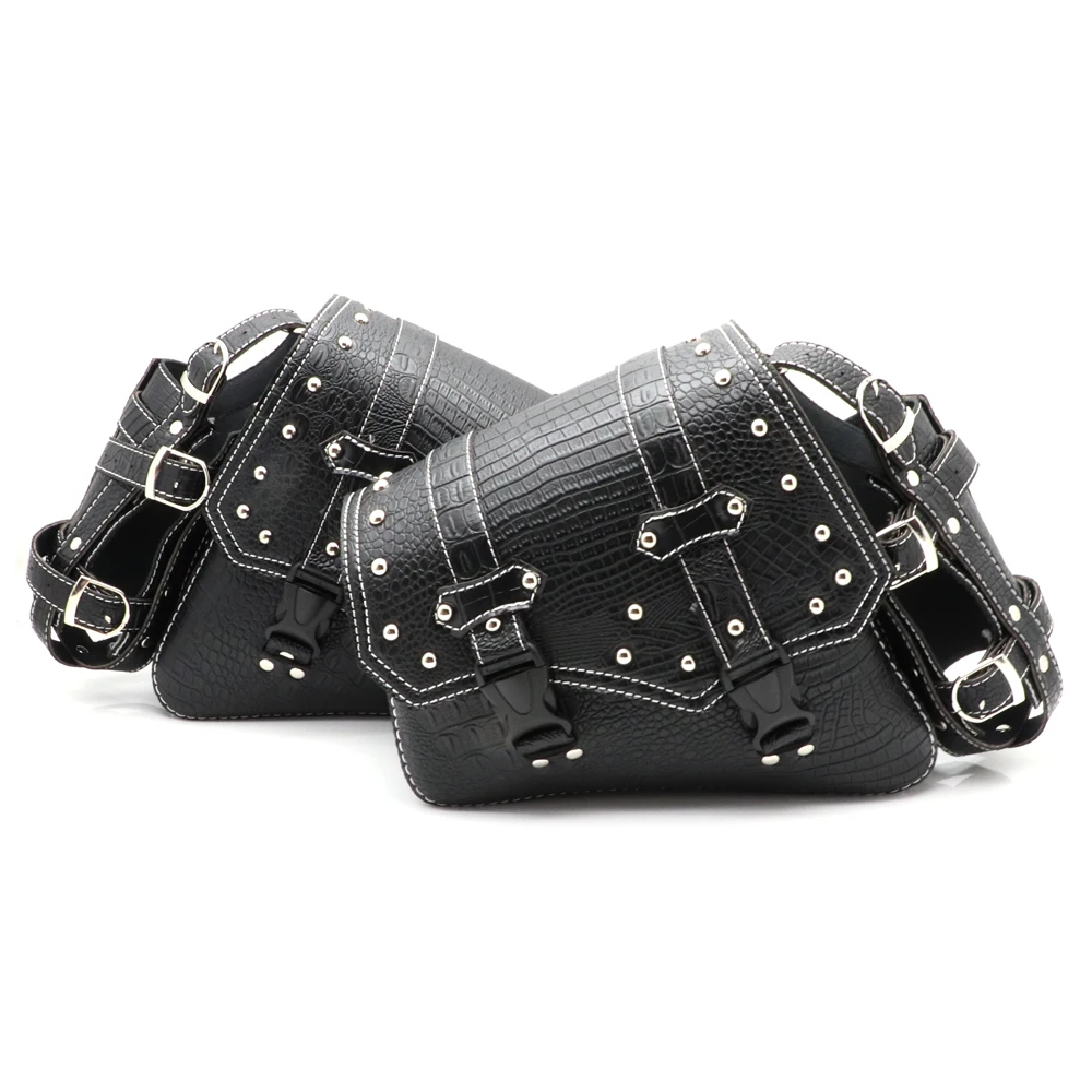 Universal Motorcycle Luxury Black Crocodile Pattern Plastic Buckle Storage Tool Pouch Saddle Bag Luggage Bags Left/Right Side