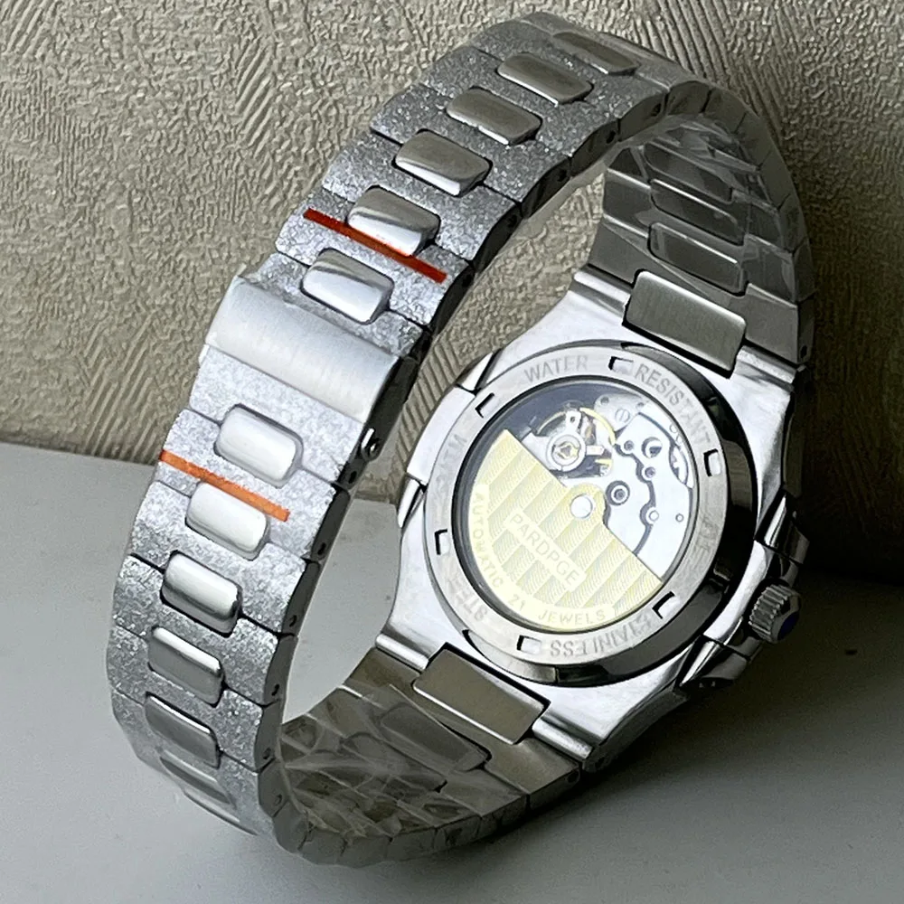 PARDPGE White sand steel case multi-drill case 42mm men\'s stainless steel automatic mechanical watch Date Blue Ding sparkle dial