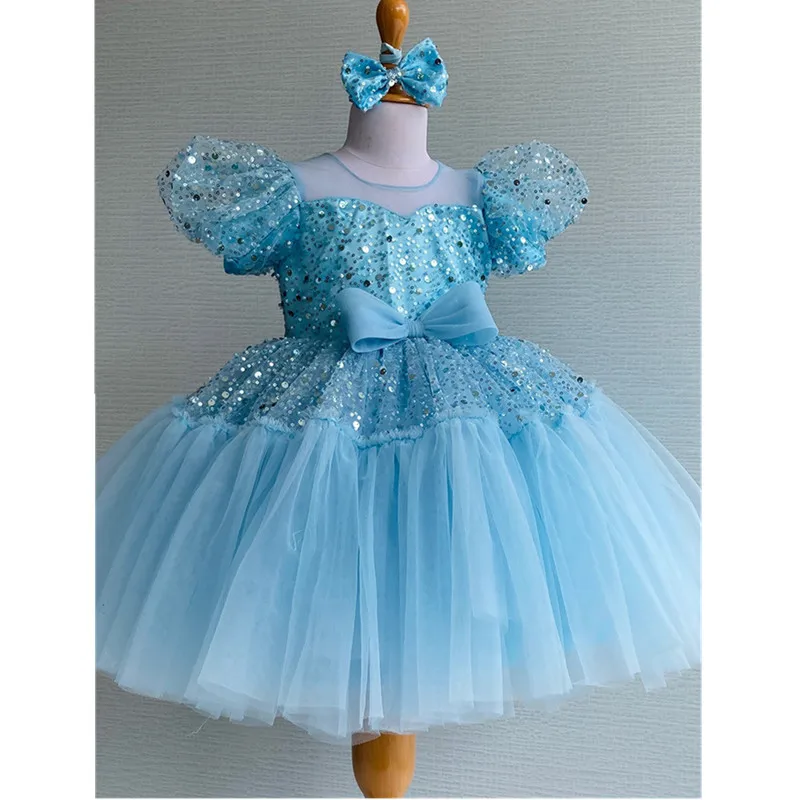 

Children Blue Elegant Evening Princess Ball Gown Girls Cute Bow Sequins Birthday Party Wedding Performance Dresses y1349