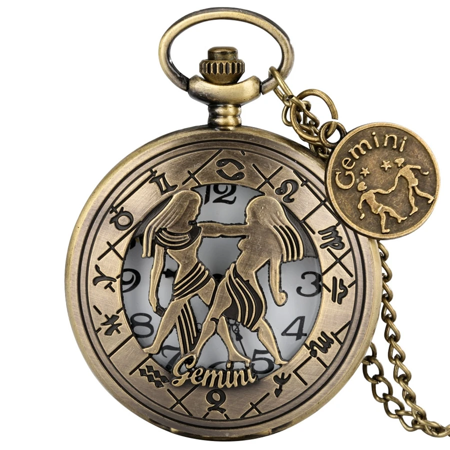 Bronze 12 Constellation Gemini Hollow Quartz Pocket Watch Long Necklace Pendant Gifts for Men Women with Gemini Accessory