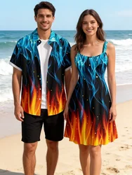 Matchable Couple Hawaiian Custome, Ice and Fire Flame Glitter Dots Print Shirt or Plus Size Knee Length Fit and Flare Tank Dress