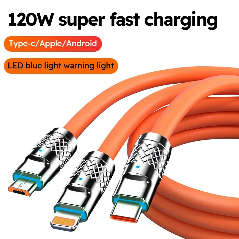 3 W 1 kabel USB 6A 120W kabel USB do szybkiego ładowania dla Iphone Samsung Huawei Xiaomi Multi Port przewód do ładowania wielokrotnego