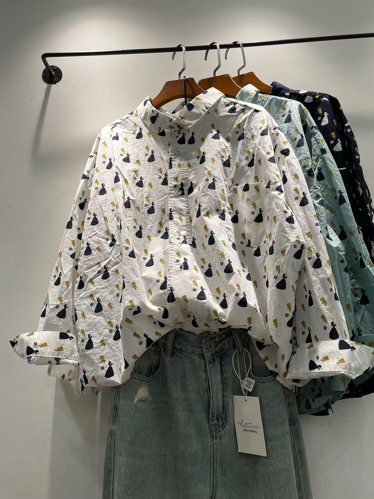 

Женская свободная блузка из чистого хлопка с длинным рукавом, корейский стиль, с принтованным воротником, на одной пуговице, дышащая, повседневная, осень 2025