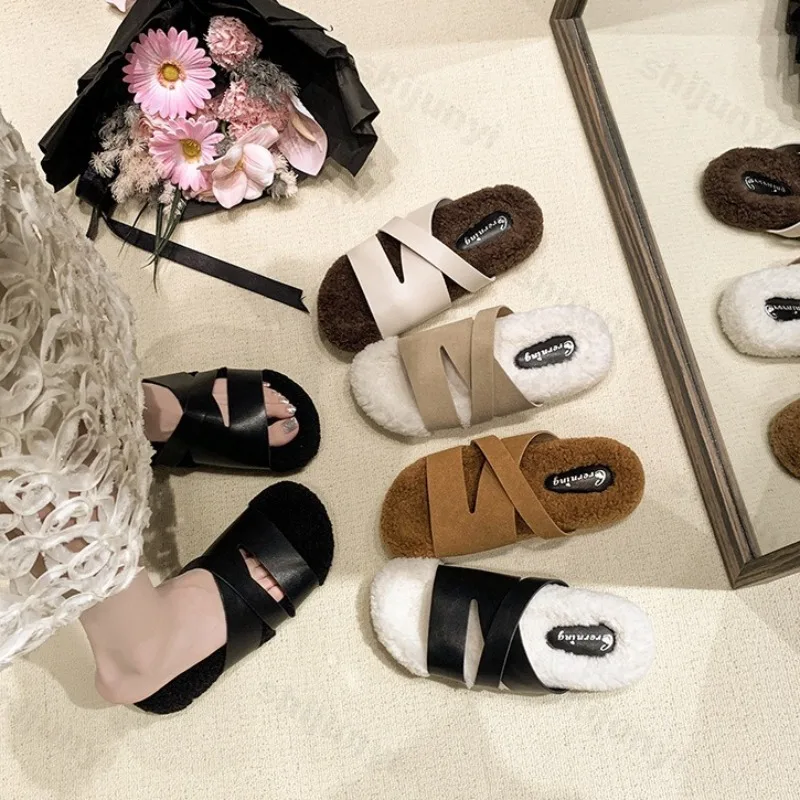 

Лаконичные модные женские повседневные хлопковые тапочки с открытым носком на толстой подошве, осень 2022, новые полые удобные универсальные плюшевые тапочки
