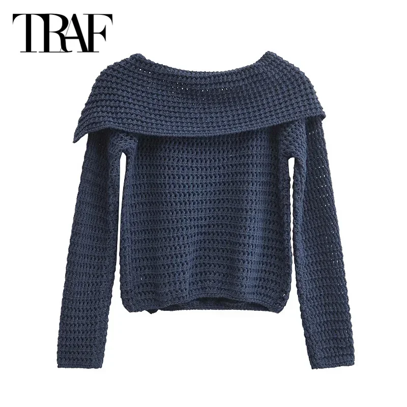 TRAF Off Shoulder Long Sleeve Sweater Women\'s Knitted Top 2024 Spring Autumn Top Ladies Fashion Casual Elegant Navy blue Sweater