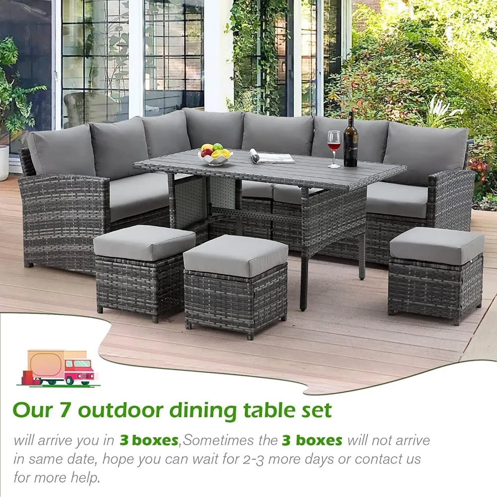 Garden Sofa, 7 Piece, Outdoor Furniture with Dining Table, Chairs and Footstools, All Weather Wicker Parlor Set, Patio Sofa Set