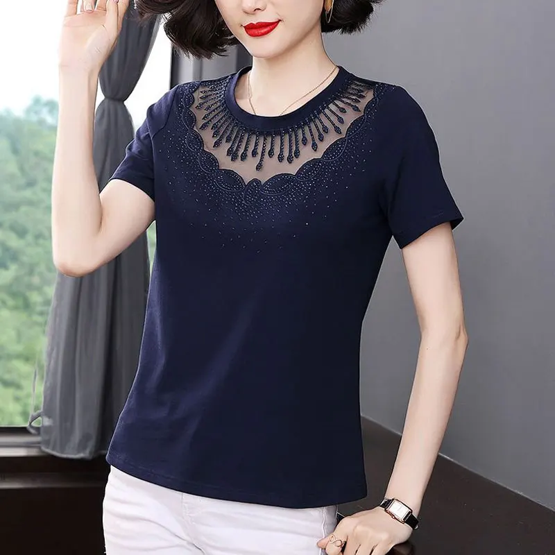 Female Clothing Stylish Diamonds T-shirt Embroidery Sexy Gauze Hollow Out Spliced Summer Casual Short Sleeve Straight Pullovers