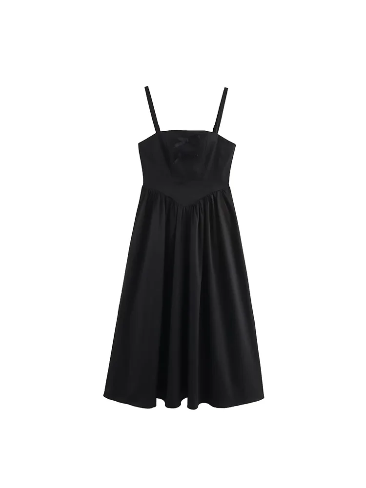 

Willshela Women Fashion With Bow Black Pleated Backless Zipper Midi Dress Vintage Straps Square Collar Female Chic Lady Dresses