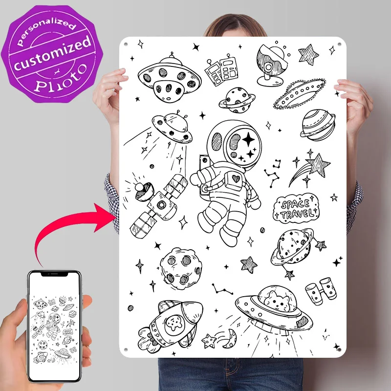 Space Travel Doodle Art 3D Texture Metal Poster Customized Wall Art Tin Sign Gift for Mancave Decoration Room Ornaments Bedroom
