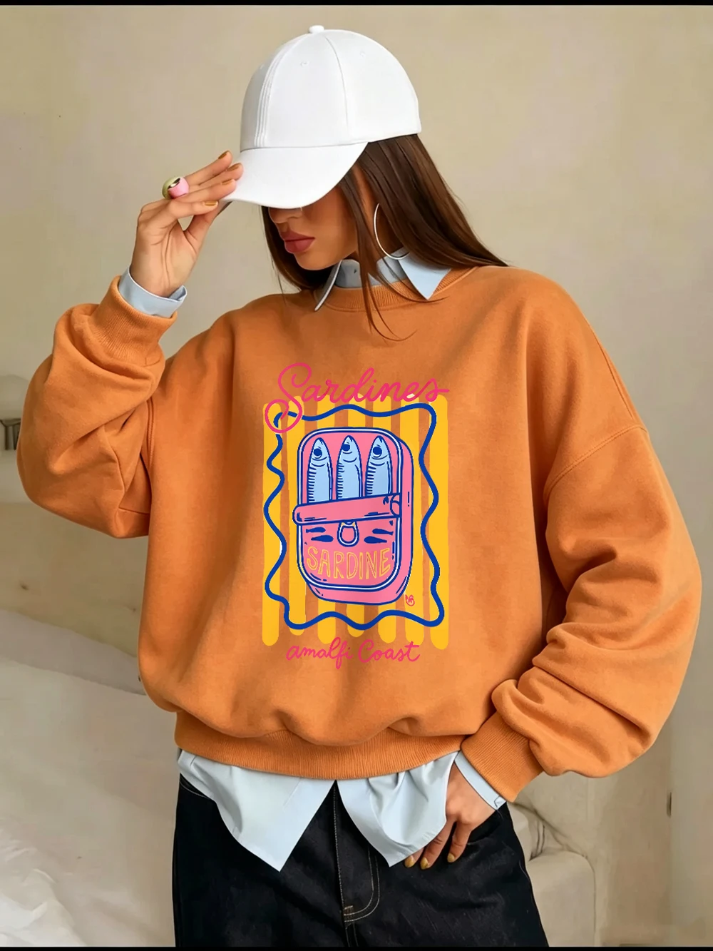 Sardines Amalfi Coast Prints Sweatshirts für Damen, Fleece, warm, bequem, Kapuzenpullover, Rundhalsausschnitt, lockere Oberteile, Winter, lässige Damenkleidung – Detail 14