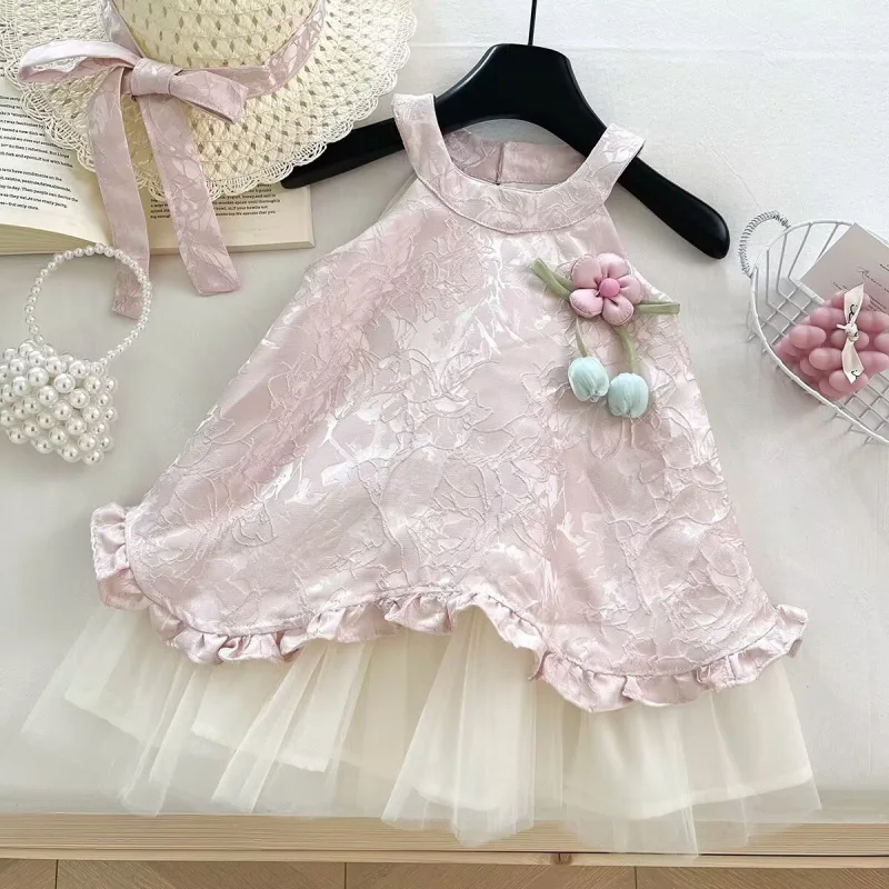 

Girls' Dress2025Summer New Floral Princess Tank Dress for Baby Girls Jacquard Mesh Dress