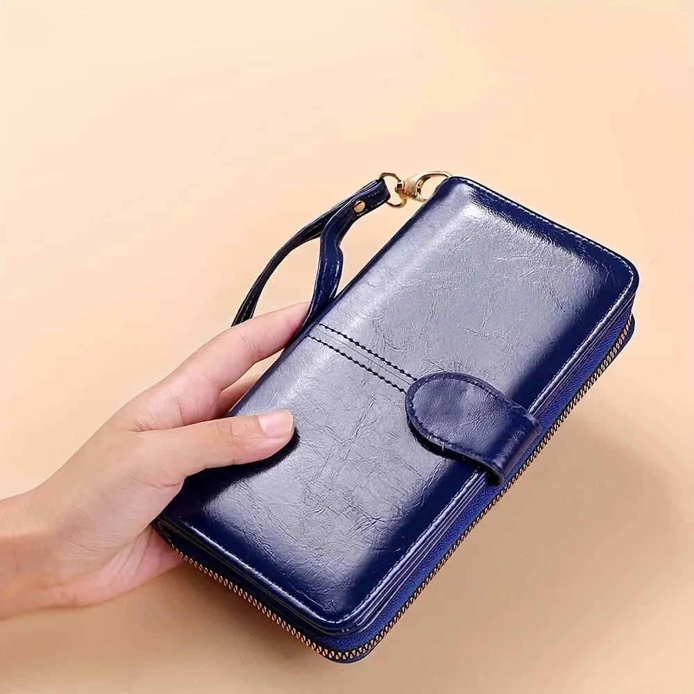 Portfel damski Vintage Oil Wax PU Leather Clutch Wallet Female Large Capacity Phone Purse Ladies Wristband Simple Card Holder Pouch Bag