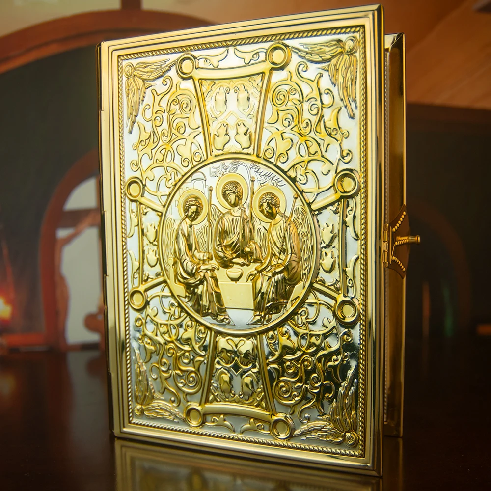 

Orthodox Gospel Book Cover - Gold Plated Enamel with Trinity Icon, Liturgical Religious Book Case for Church