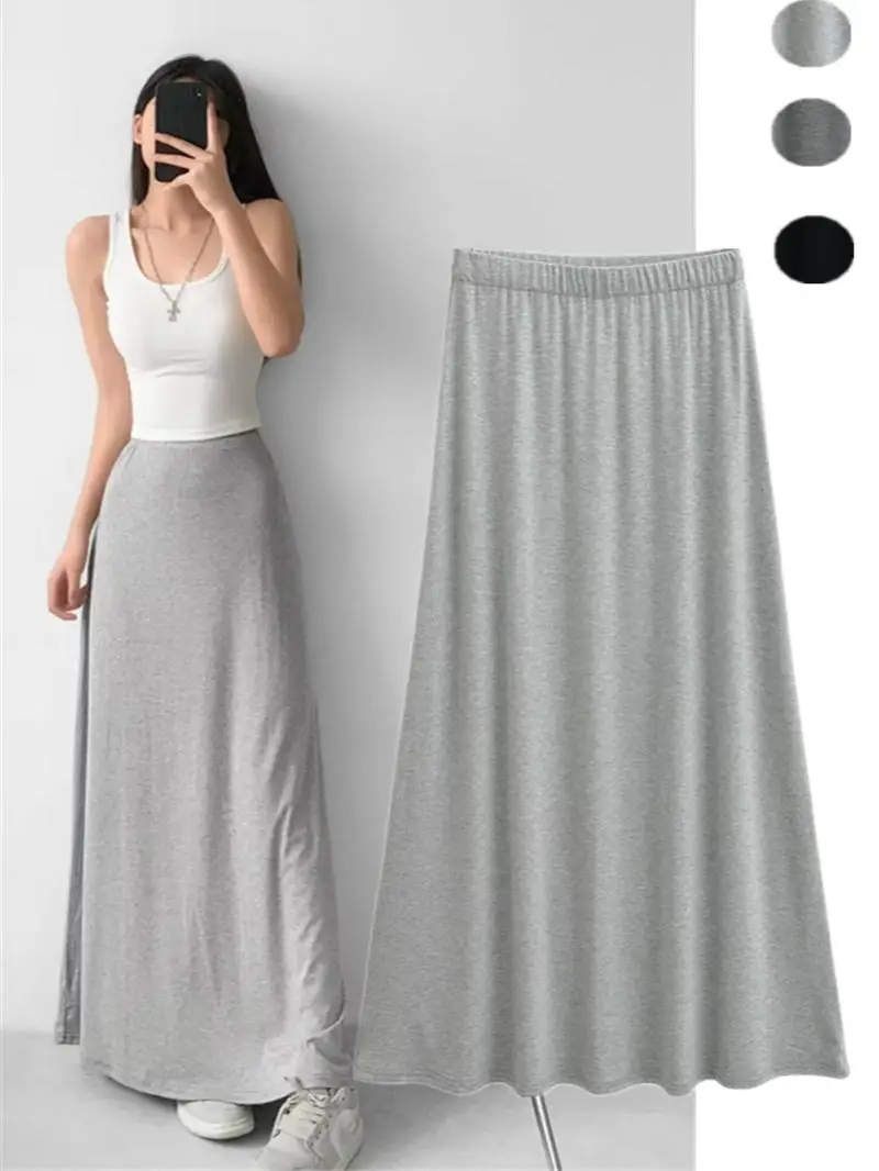

American Retro Loose Summer Thin Knitted f Skirt Women Slimming Drapey Long Skirt Women A-Line High Waist Midi Pure Color