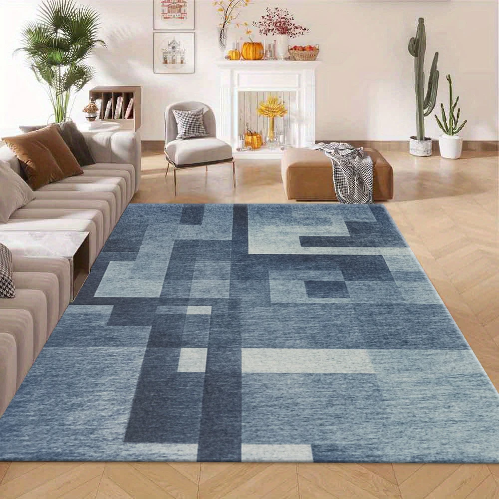 Modern Abstract Layered Block Area Rug Navy Blue Grey Minimalist Art Floor Carpet for Living Room Bedroom Home Interior