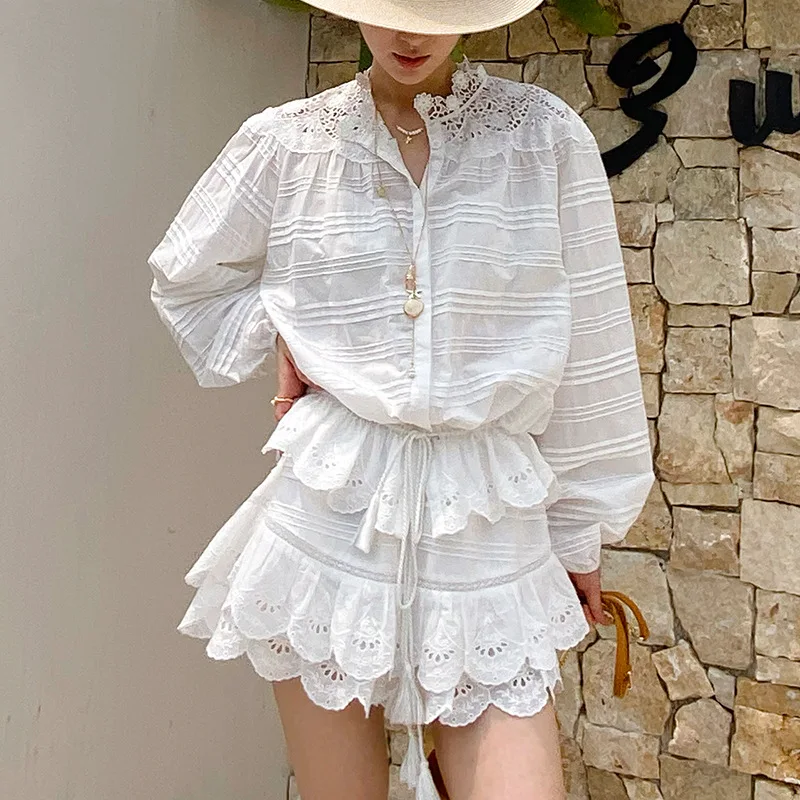 

Women's Shirt European Style Small Audience Design Spring Summer Cotton Long Sleeve Pure Color Non-deformable Embroidered