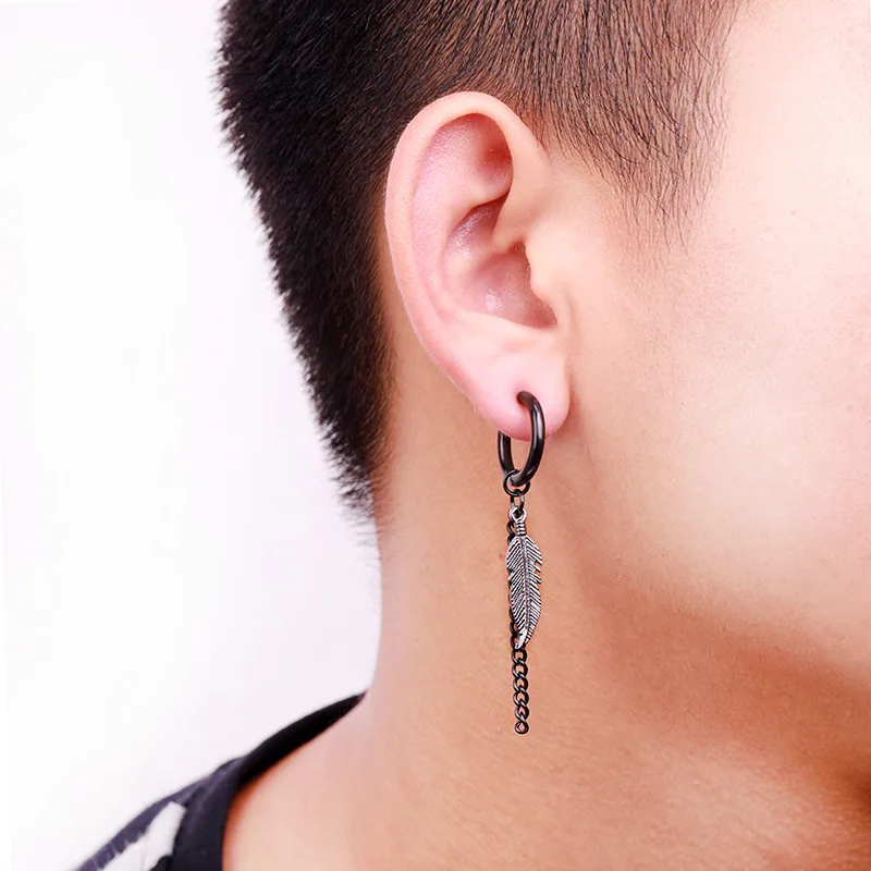 SOHOT New Unisex Vintage Black Feather Leaf Hoop Earrings Metal Stainless Steel Man Wholesale Punk Hip Hop Bar Party Chic Gift