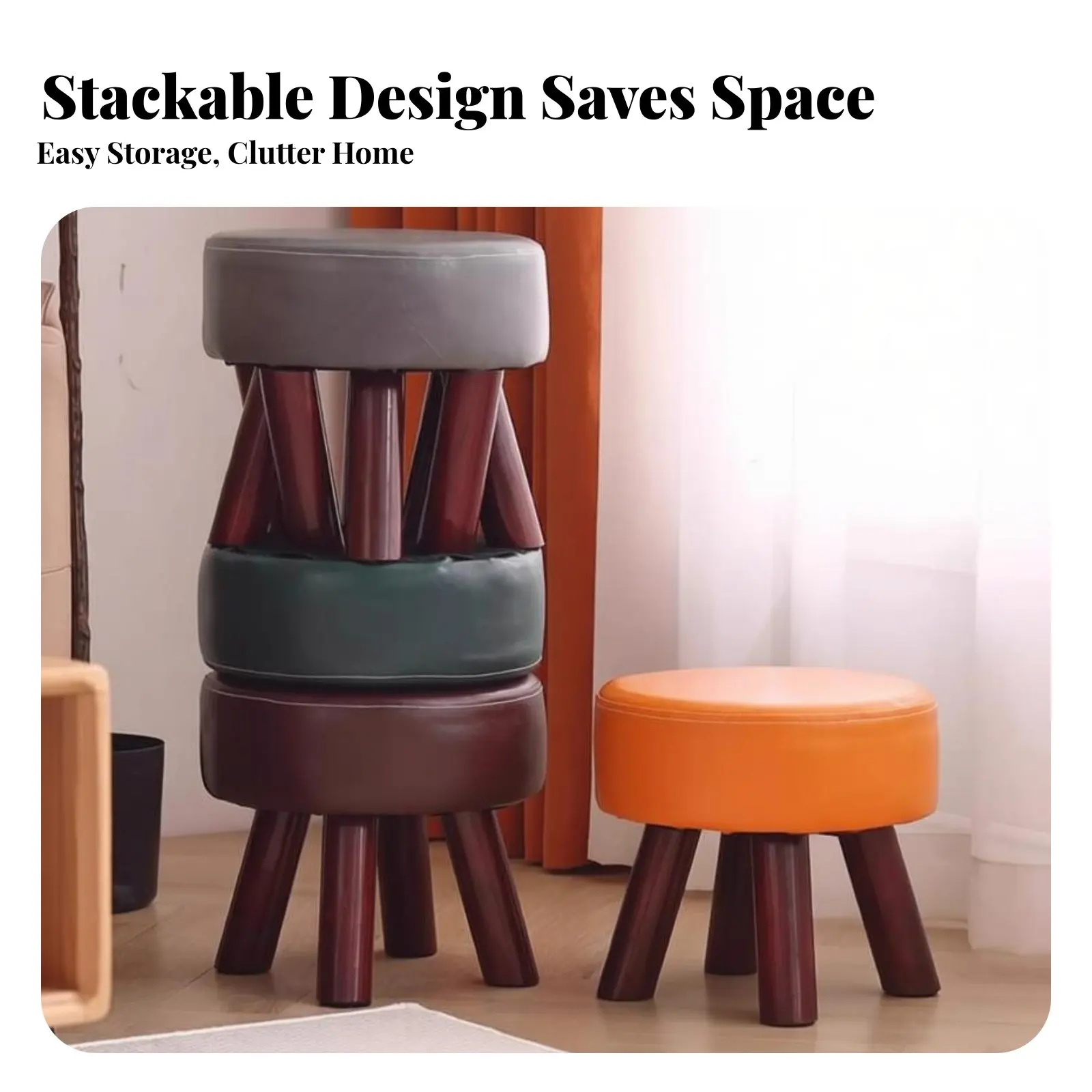 丸い木製スツール-多機能丸型四脚スツール-快適な座り心地-高齢者向け軽量