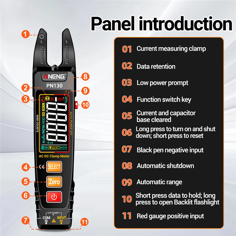 지능형 디지털 클램프 계량기, 4000 카운트, AC/DC 전압 전류, 휴대용 멀티미터 커패시턴스 저항 테스터, PN130