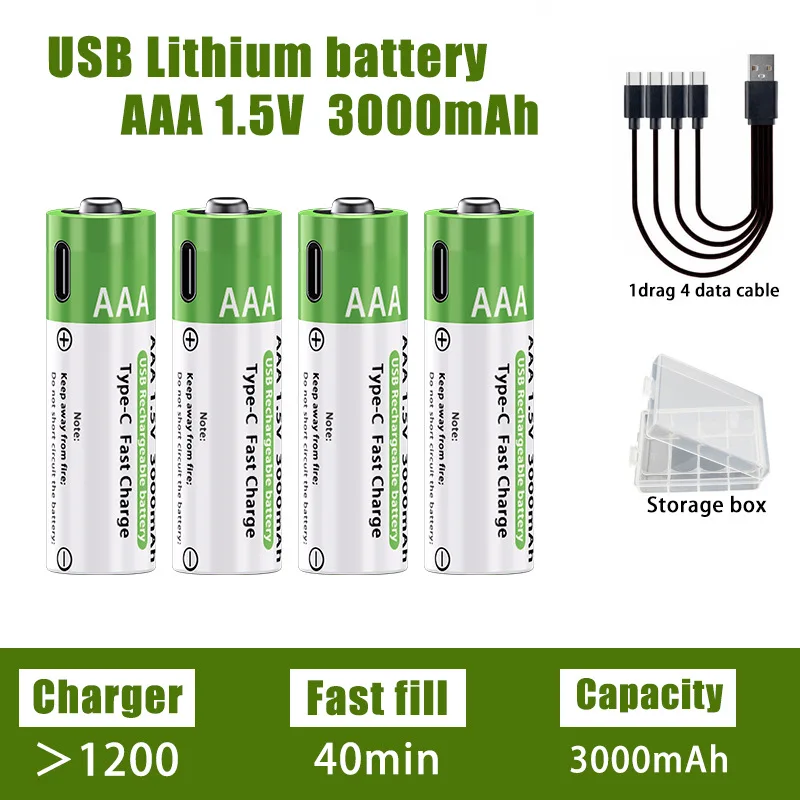 AA/AAA Rechargeable Lithium Battery 1.5V 3000mAh/3800mAh, Stable Voltage & Type-C Fast Charge for Mouse Remote Control Kids Toys