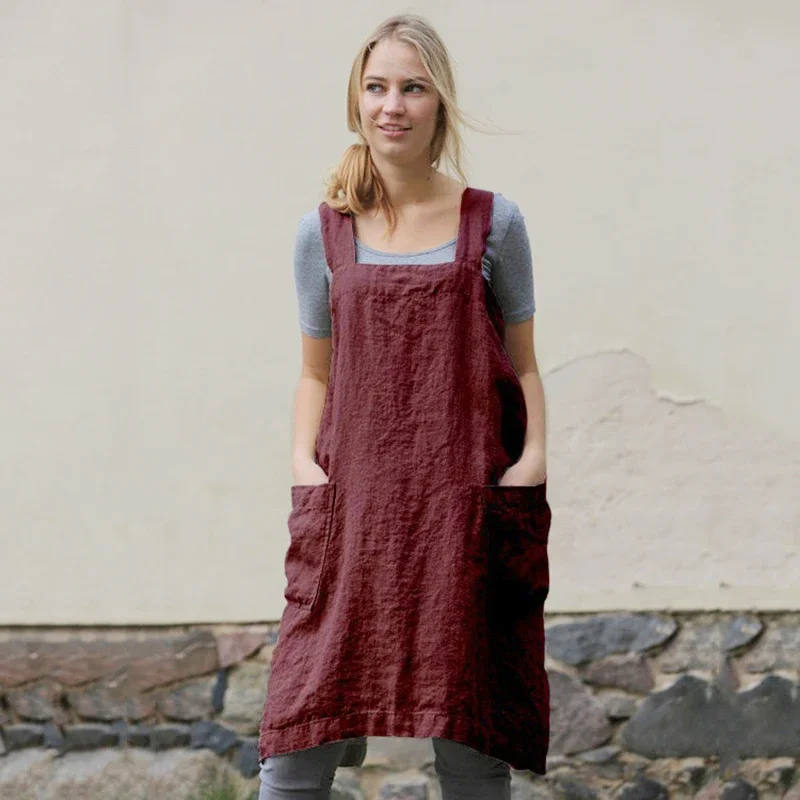 新しいシンプルな和風綿とリネンエプロン女性のホーム快適なファッションオーバーオールフラワーショップレトロ絶妙なレースフリー