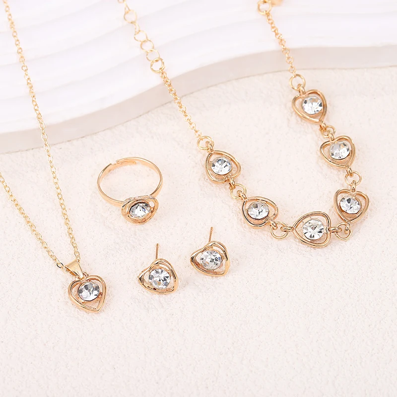 5Pcs Luxury Heart Shape Jewelry Sets Of Necklace Ring Earrings Bracelet For Women Bridal Wedding Accessories Anniversary Gifts