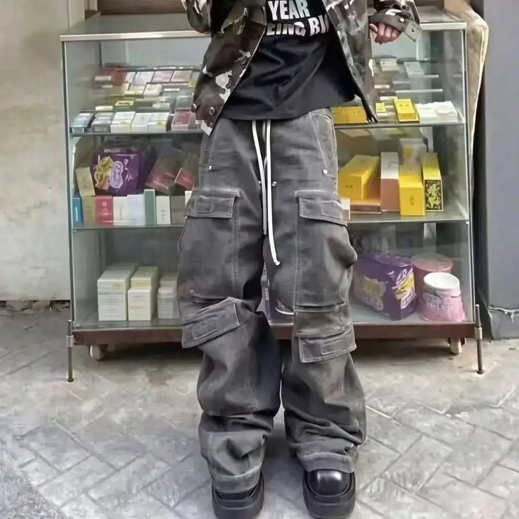 High Street Drawstring Zipper Sliced Wide Leg Cargo Pants Msn's Casual Loose Straight Trousers Loose Denim Pants