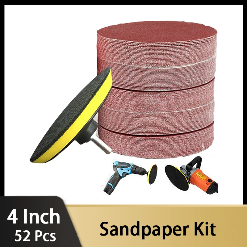 

52 PCS Sandpaper Kit 4 Inch with Hook and Loop Backing Pad M10 Drill Adapter for Grinding Metal Automotive Ceramic Wall