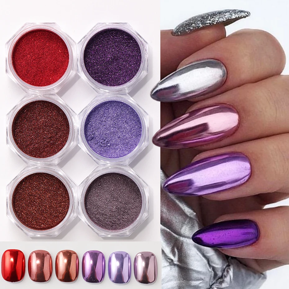 6-Farben-Nagelkunst-Glitzerpulver mit Spiegeleffekt, metallisches lila-rotes Spiegelpulver-Set, parfümfreier Nagelkunst-Glitzer für Gel-Nagellack
