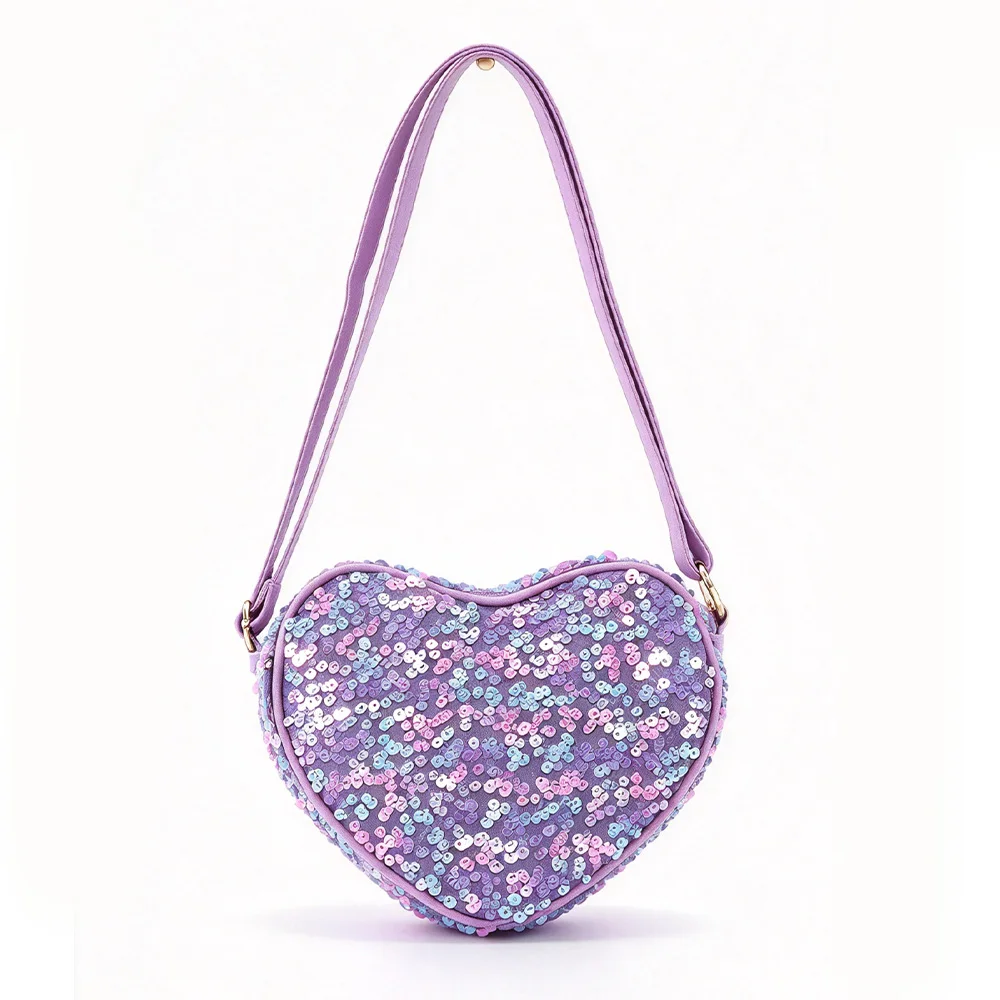 Purple Glitter Heart Shape Crossbody Bag with Sequin Zipper Sling Mini Purse for Women Girls Outdoor Travel